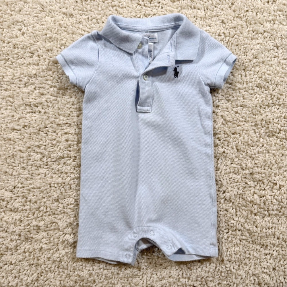 Ralph Lauren Baby Boy Light Blue Cotton Pique Polo Romper 9M Preppy Nautical